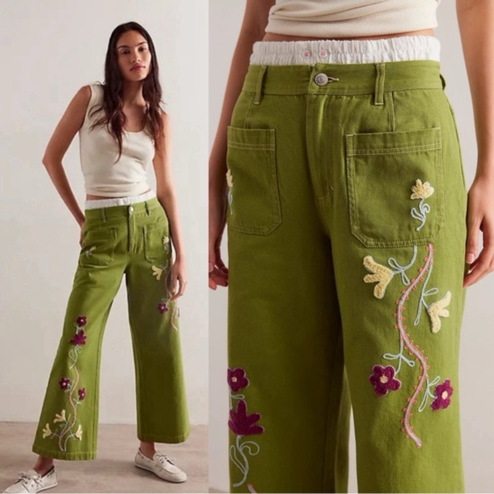 Embroidered Green Jeans